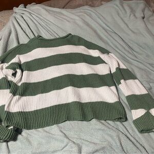 Striped Green and White Cowl Neck Sweater